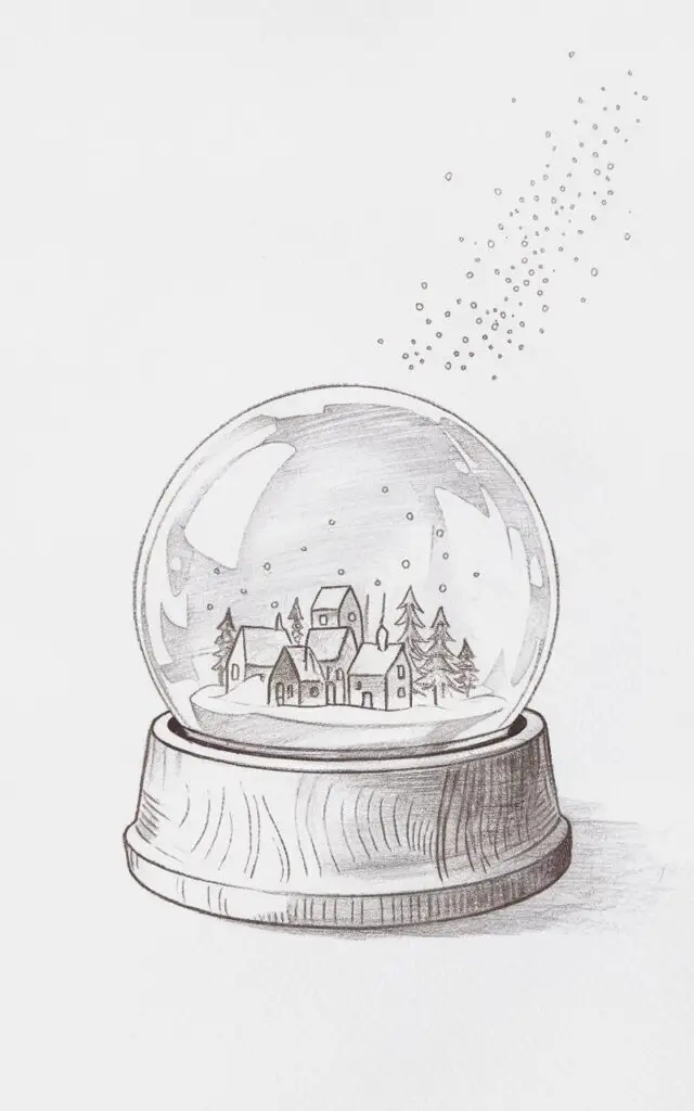 A minimalist, plain white background pencil drawing illustration of a delicate Christmas snow globe resting on a wooden base. Inside the glass dome, a tiny snowy village with houses, trees, and softly falling flakes is depicted. The reflections on the globe’s surface are lightly shaded, giving it a convincing spherical dimension. The snow is drawn with subtle dots and light pencil dusting, suggesting a flurry in motion. The base has faint engraved details, giving the illusion of carved wood grain. Drawn in a simplistic style, the scene feels dreamy, quiet, and timeless.