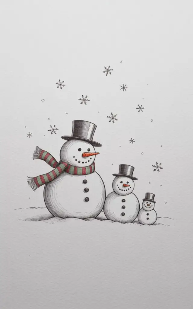 Three snow figures—a large snowman, a medium snowman, and a small snowman—stand side-by-side in a gently sloping field of snow. The large snowman wears a striped green and red scarf that wraps around his neck, a black top hat, and a bright orange carrot nose; the medium and small snowmen mirror this attire, scaled proportionally. Each snowman has two small, round coal pieces for eyes and a wide, smiling mouth formed by a curved line. Delicate, six-sided snowflakes drift throughout the composition, gently falling against a pale gray sky.