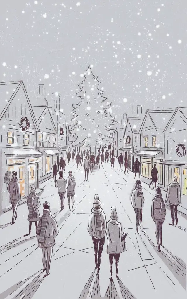 A minimalist, plain white background pencil drawing illustration of a bustling Christmas town square under softly falling snow. The scene features small buildings with wreaths and glowing windows sketched in clean lines. A large Christmas tree stands in the center, its ornaments implied through tiny circular accents. Figures in scarves and hats stroll about, lightly shaded to suggest motion. The snow is rendered as soft dots across the composition, enhancing depth. Drawn in a simplistic style, the artwork evokes warmth, community, and festive cheer. The town is very big. People look very realistic.