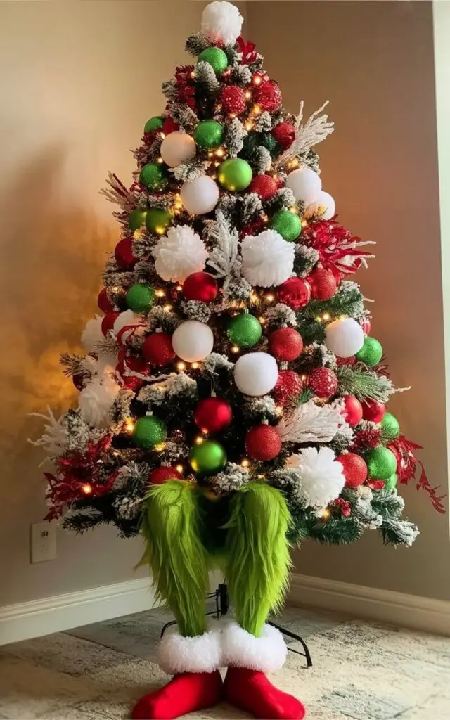 A decorated Christmas tree stands in the corner of a living room, featuring red and green ornaments interspersed with white pom-poms and glitter-dusted sprays. Frosted tips cover the branches, creating a snowy effect that contrasts with the colorful decorations, and the arrangement allows each accent to stand out. The base of the tree reveals the green-striped legs of the Grinch wearing red and white Christmas socks. Soft, warm lighting illuminates the scene, highlighting the sparkling details and casting gentle shadows across the room.