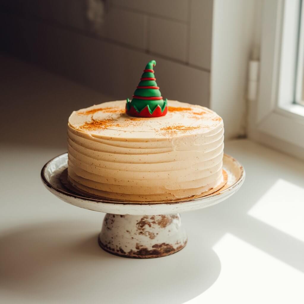 A photo of a warmly spiced chai cake on a rustic white porcelain cake stand. The cake is placed on a bright plain white kitchen countertop. The cake has a golden-brown crumb and a smooth layer of honey buttercream frosting, lightly dusted with cinnamon. The frosting is very elegant elf with a hat fondant is on top. Natural light from a nearby window highlights the soft texture and warm tones, emphasizing the speckles of spice throughout.