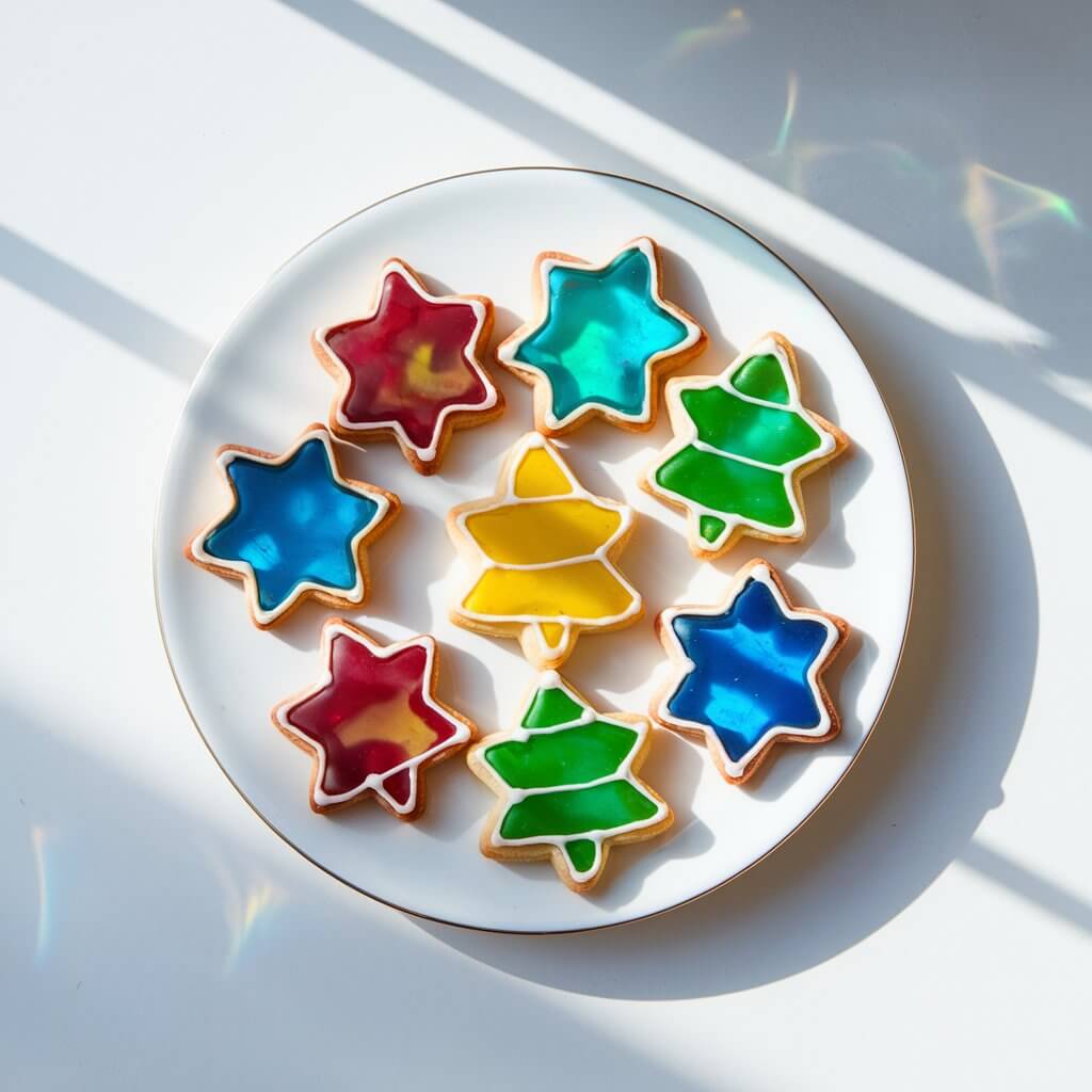 A white porcelain plate on a bright plain white kitchen countertop displays vibrant stained glass window cookies in festive shapes—stars, bells, and trees—with colorful translucent centers. The cookies are illuminated by natural light, which passes through the candy centers, casting faint tinted reflections onto the countertop. The golden cookie edges glimmer under the sunlight creating a bright, magical, and truly festive kitchen scene.