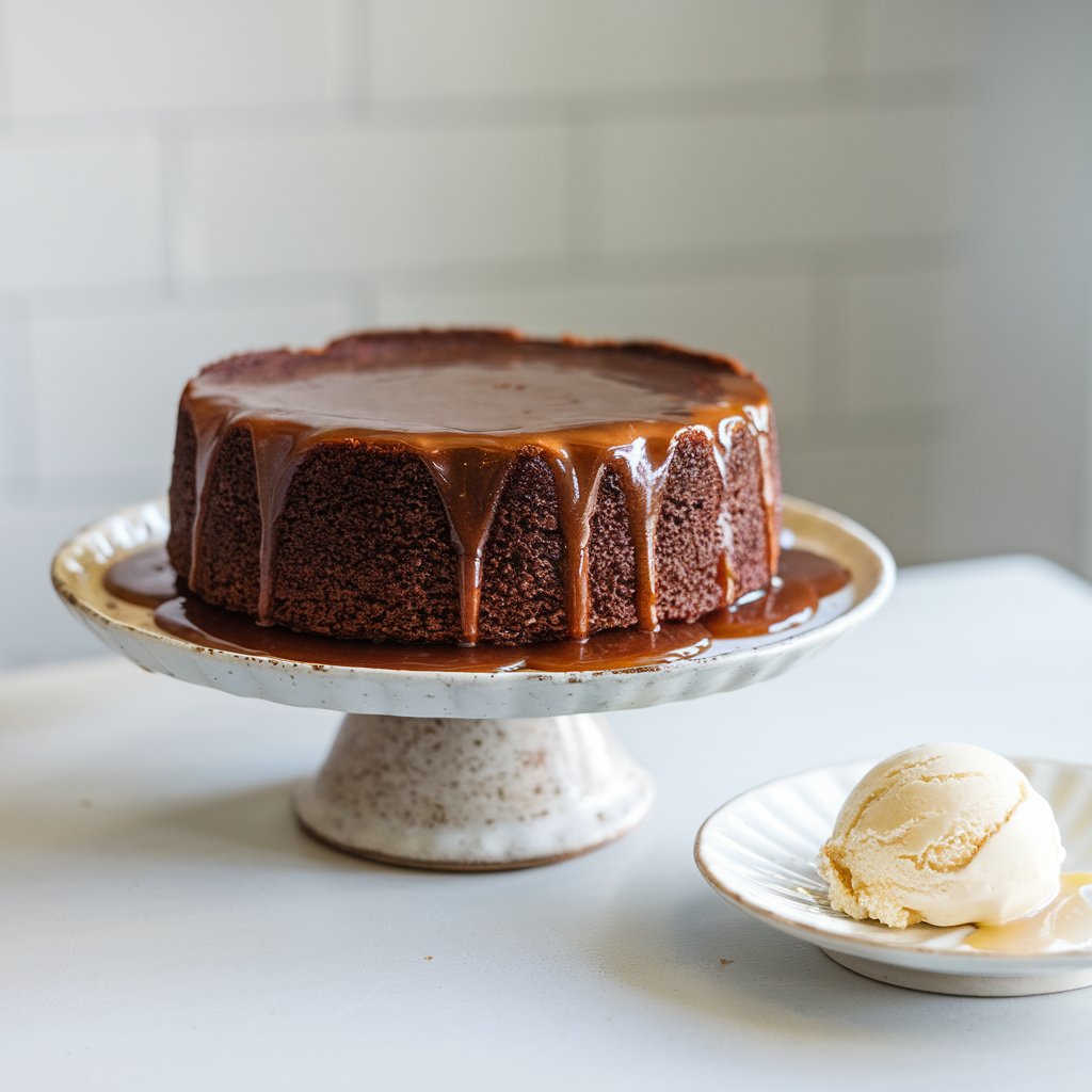 A cozy kitchen scene with a round sticky toffee pudding cake on a rustic white ceramic cake stand on a bright plain white kitchen countertop. The cake is dark, glossy, and dripping with rich caramel toffee sauce that pools slightly at the base. Under natural light, the syrup's sheen glistens, highlighting the dense, moist texture of the cake. A scoop of vanilla ice cream melts slightly beside it, creating a contrast of colors and temperatures.