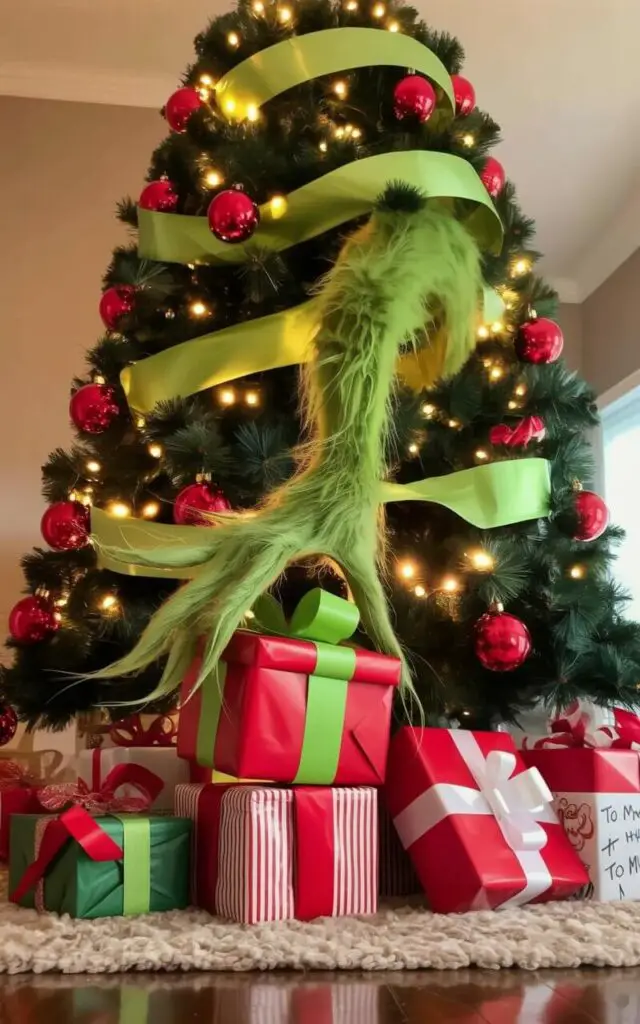 A playful holiday scene features a Christmas tree surrounded by faux presents deliberately styled to look tampered with, as though the Grinch himself made a quick escape. The tree is very well decorated, showcasing lime-green ribbons, glossy red ornaments, and twinkling warm lights that cast a soft glow over the “stolen” gift boxes. Each present has a crooked bow, tilted lid, or scribbled name tag, enhancing the storytelling charm. The overall setting still feels minimalist, with clean spacing between decorations and carefully arranged props. The effect is stunning, creating an immersive moment of Grinch-themed mischief that feels both festive and humorous.