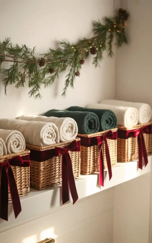 A beautifully styled Christmas bathroom photograph showcasing elegant holiday functionality with minimalist charm. Woven natural storage baskets line a clean white floating shelf, each adorned with luxurious deep red velvet ribbons tied in perfect bows, while neatly rolled towels in creamy ivory and rich forest green create organized displays within. A delicate pine garland with tiny pinecones drapes gracefully above the baskets, casting soft shadows on the pristine white wall behind. The scene is illuminated by warm, diffused natural light that highlights the texture of the woven baskets and the plush fabric of the towels, creating a serene and sophisticated holiday atmosphere.