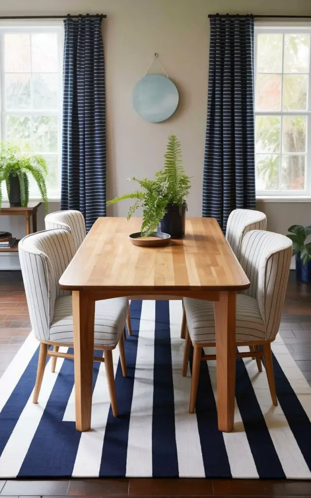 A rectangular dining table made of light-colored wood with four upholstered chairs arranged around it stands on a navy and white striped rug. The chairs are covered in a pale gray fabric with subtle vertical texture, and each features a gently curved backrest. Navy blue curtains with the same striped pattern as the rug hang along a large window that fills the wall behind the table. A simple, circular wall hanging with a pale blue hue is centered above the table, and a single potted fern sits on a nearby windowsill.