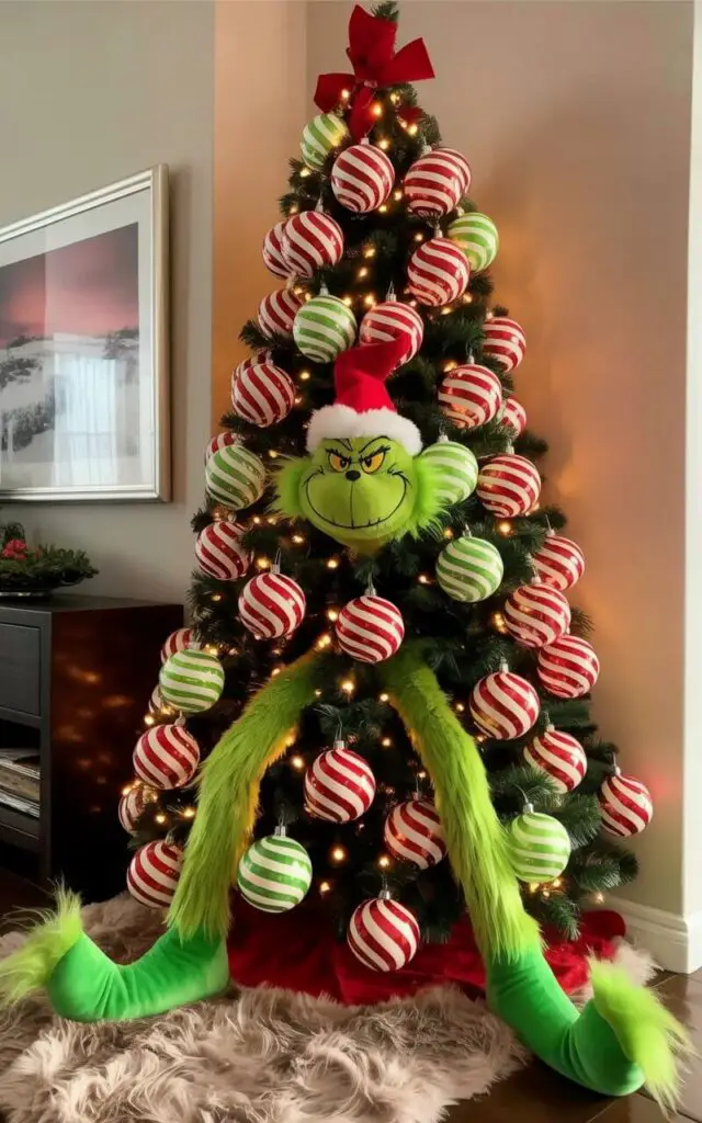 A conical Christmas tree, adorned with red-and-white and green-and-white striped ornaments and swirling striped stems, fills the corner of a living room. A plush Grinch face is positioned at the center of the tree, with green fur and a mischievous grin, while green Grinch legs extend from the base of the tree, resting on the floor. Warm white lights are interspersed throughout the tree's branches, creating a soft glow that illuminates the striped decorations and casts shadows on the surrounding walls. The tree sits on a plush beige rug in front of a neutral-colored wall where a framed picture of a snowy landscape hangs above a dark wood console table.