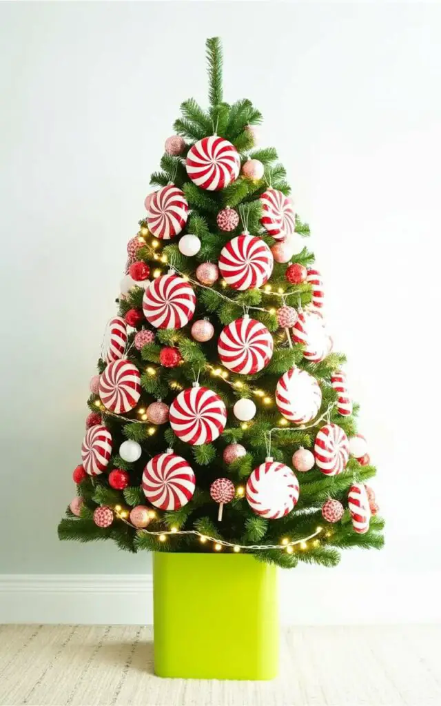A bright green Christmas tree, approximately six feet tall, stands in a room, densely decorated with oversized red-and-white swirl ornaments resembling peppermint candies. Numerous lollipop-shaped ornaments, crafted from glossy red and white materials, and subtle glitter accents are interspersed throughout the tree's branches, arranged in a balanced and deliberate pattern. Warm, soft white string lights are woven through the branches, illuminating the ornaments and casting a gentle glow on the surrounding area. The tree is centered in a room with pale gray walls and a light beige rug, with a large window visible in the background showing a softly falling snow.