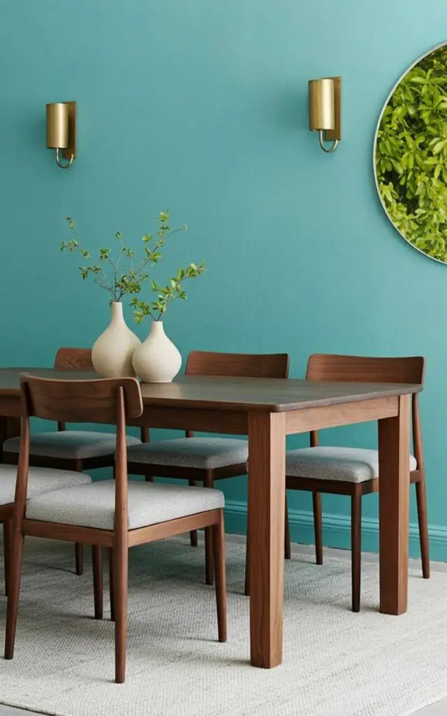 A rectangular dining table made of medium-tone wood sits in the center of the room, supported by four straight legs. Six walnut dining chairs with square cushions covered in a light gray fabric are arranged around the table, each with a simple, vertical back. Two brass sconces with cylindrical shades are mounted on the teal walls, casting a warm glow on the scene. Cream-colored pottery vases containing sprigs of green foliage are placed on the tabletop and a nearby side table, while a large window offers a view of a lush green garden beyond.