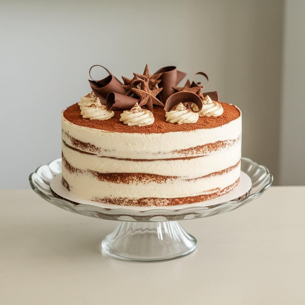 A photo of a refined tiramisu Christmas cake on a minimalist glass cake stand. The cake is placed on a bright plain white kitchen countertop. The cake has layers of coffee-soaked sponge and mascarpone cream, creating subtle stripes. The top of the cake is smooth and cocoa-dusted. There are chocolate curls and a sprinkle of cocoa stars on top. The frosting is very elegant. The background is simple and uncluttered.
