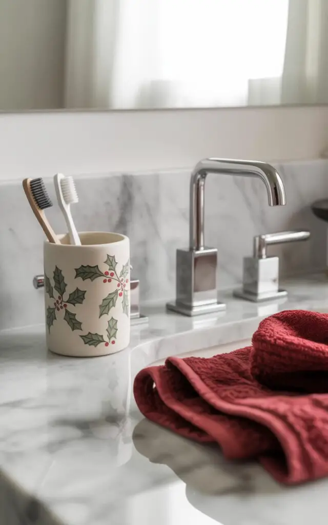 A minimalist Christmas bathroom featuring a pristine white marble countertop with subtle gray veining, showcasing a ceramic toothbrush holder adorned with delicate holly leaf and berry motifs in soft green and red. The holder sits elegantly beside a sleek chrome faucet with clean geometric lines, while a luxuriously folded crimson towel provides a refined pop of holiday color against the neutral palette. Soft, diffused natural light filters through the space, highlighting the sophisticated balance of festive touches and modern design elements. The overall composition exudes serene holiday elegance with every detail thoughtfully curated for a cohesive, upscale aesthetic.