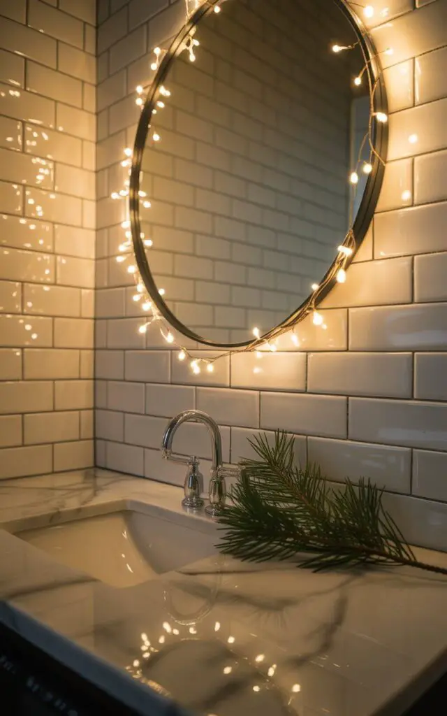 A serene, minimalist Christmas bathroom featuring a round vanity mirror elegantly wrapped with delicate warm white fairy lights that cast a soft, magical glow. The gentle illumination reflects beautifully off pristine white subway tiles, creating subtle shimmers across a marble or quartz countertop with clean, geometric lines. A single fresh pine sprig with tiny droplets of water rests artfully beside a sleek chrome faucet, adding an organic touch of holiday nature. The overall atmosphere radiates quiet sophistication with restrained holiday elegance, where every element feels intentionally placed to create a spa-like sanctuary bathed in cozy, golden light.