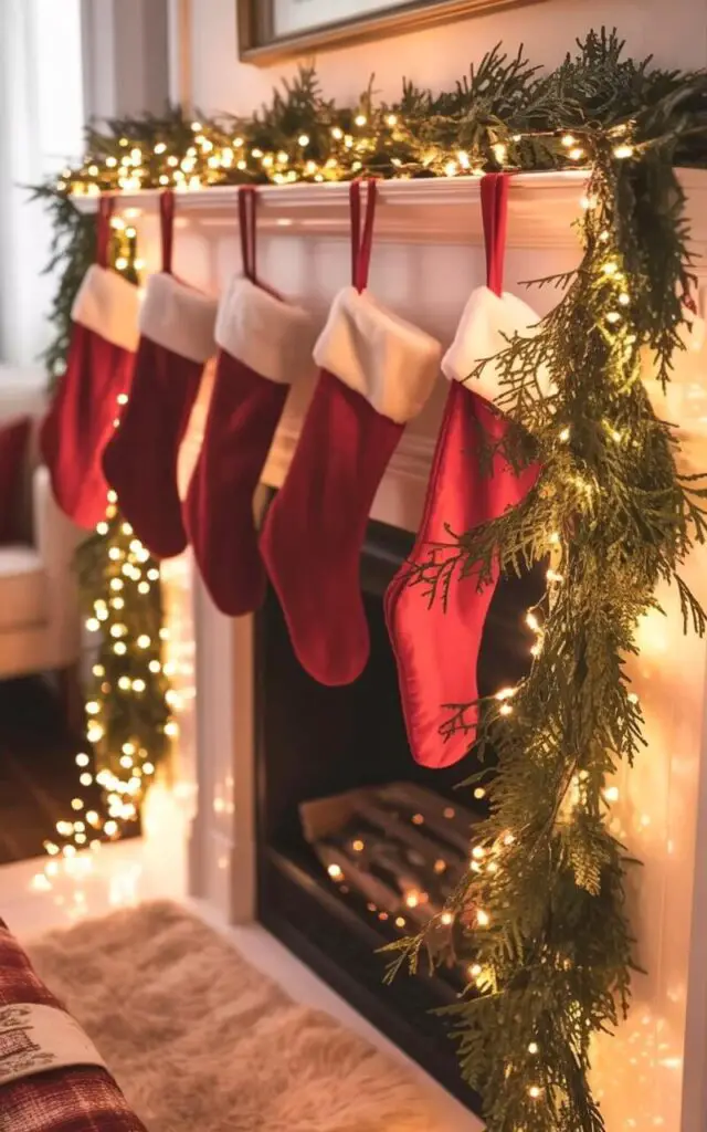 A warmly lit mantelpiece stretches across a fireplace, adorned with delicate strands of tiny, twinkling fairy lights. Green garlands of pine and fir branches are interwoven with the lights, cascading down the sides and around six red and gold stockings hung along the mantel. The lights reflect softly off the smooth surface of the mantel, highlighting the texture of the evergreen foliage. A plush, cream-colored rug sits on the hearth below, while a dark wood floor extends beyond the fireplace into a softly blurred living room.