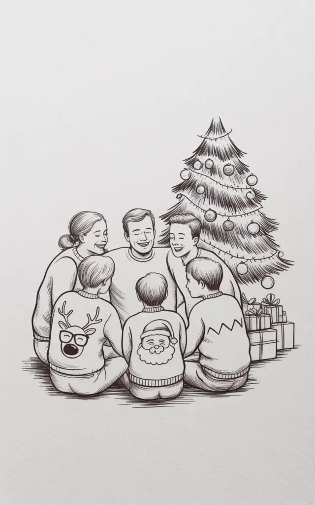 Five adults and two children are gathered in a circle, all wearing brightly colored holiday sweaters with quirky designs. One woman wears a sweater depicting a reindeer wearing glasses, while a man beside her has a sweater with a crying Santa Claus, and a child wears one with simple zigzags. Each person’s face displays a wide, open-mouthed smile, with slightly upturned eyes. The scene takes place inside a cozy living room, with a decorated Christmas tree visible in the background adorned with colorful ornaments and twinkling lights. A pile of wrapped presents sits beneath the tree, and a warm glow emanates from a nearby fireplace.
