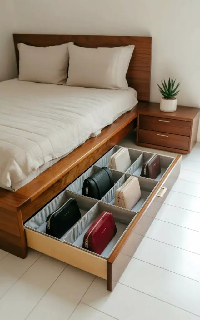 A low-profile drawer extends smoothly from beneath a platform bed frame constructed from dark walnut wood. Inside the drawer, six handbags of varying sizes and materials – including black leather, beige canvas, and burgundy suede – are neatly arranged within clear zippered compartments lined with soft gray padding. The compartments are secured with even, visible stitching and small silver zipper pulls. The bedroom features a platform bed with crisp white linen bedding, pale gray carpeting, and a single potted succulent plant resting on a nearby nightstand.