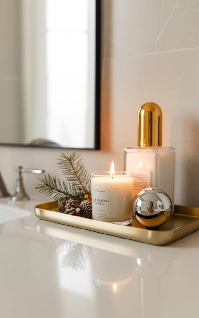 A minimalist Christmas bathroom vignette featuring a sleek vanity tray arranged with festive essentials on a pristine countertop. The tray holds a white peppermint-scented candle with a gentle flame, a delicate pine sprig with tiny needles, and an elegant glass hand lotion bottle topped with a gleaming golden cap. A single silver or gold Christmas ornament catches the light, adding subtle sparkle to the carefully curated arrangement. The background showcases soft neutral tones in warm beige and cream, with gentle ambient lighting that creates a serene, spa-like atmosphere while highlighting the peaceful elegance of this restrained holiday decoration.