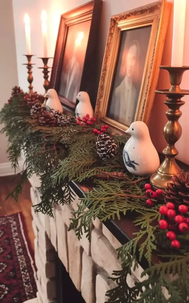 A richly decorated mantelpiece extends across the lower portion of the frame, showcasing a curated collection of vintage and heirloom items. Aged brass candlesticks with dripped wax rest alongside antique picture frames containing faded portraits and small porcelain trinkets shaped like birds. Sprigs of evergreen boughs, interspersed with dried berries and pinecones, weave between the objects, creating layered textures. The mantel sits within a room featuring a stone fireplace with a dark wooden surround and a patterned Persian rug visible on the floor in front of it.