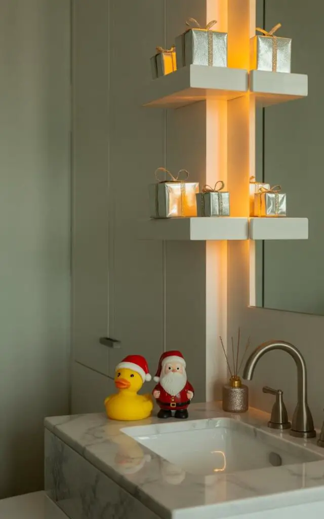 A photograph of a pristine minimalist bathroom decorated for Christmas with elegant restraint and playful touches. The marble vanity features clean lines and houses a charming tiny Santa figurine alongside a yellow rubber duck wearing a miniature red Santa hat, both positioned near a sleek modern faucet. On floating white shelves, small wrapped gift boxes with shimmering gold and silver metallic ribbons catch the warm ambient lighting, while the muted dove-gray walls and crisp white fixtures maintain the room's serene atmosphere. Soft golden light filters through the space, highlighting the subtle holiday details while preserving the bathroom's airy, uncluttered aesthetic.