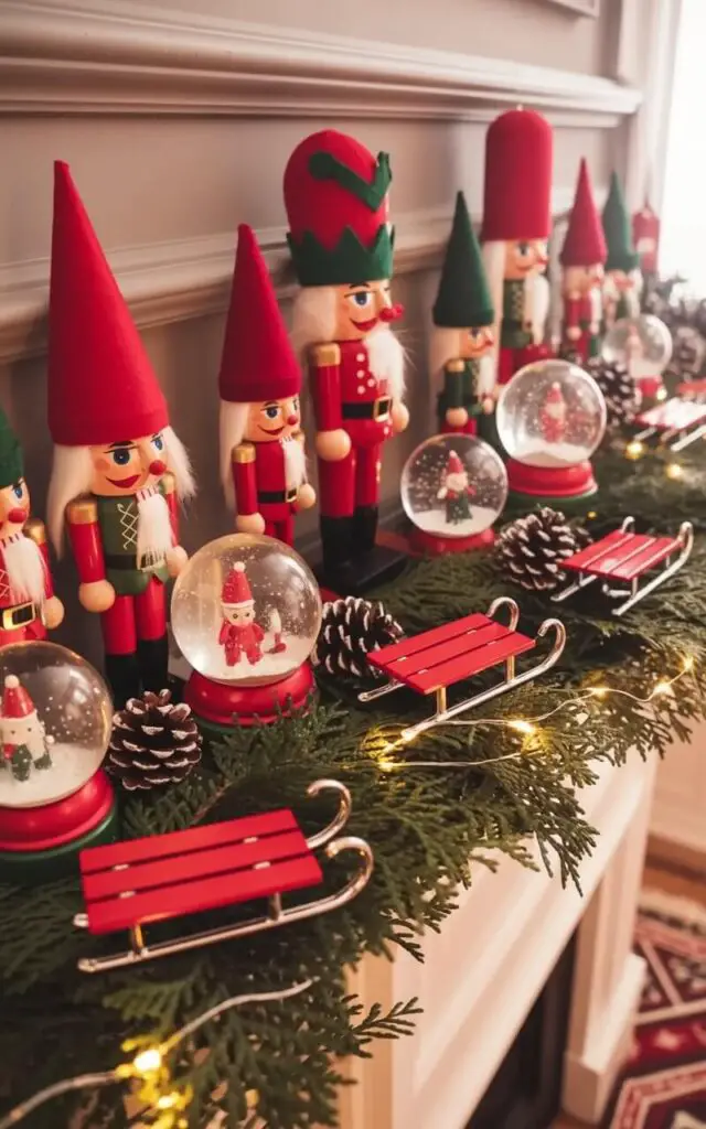 A decorated mantelpiece extends horizontally across the frame, densely populated with holiday decorations. Several wooden nutcrackers of varying sizes stand among miniature felt elves wearing red and green hats, and translucent snow globes displaying miniature winter scenes. Small, red and silver sleds are carefully arranged amongst sprigs of evergreen boughs and pinecones, with strings of warm white twinkle lights interwoven throughout the display. The mantel rests against a pale gray painted wall, with a glimpse of a patterned rug visible beneath its edge.