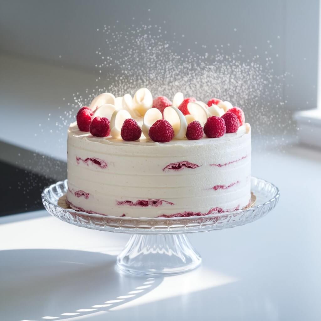 A photo of a delicate white chocolate raspberry cake on a clear glass cake stand. The cake is placed on a bright plain white kitchen countertop. The cake is coated in pale white frosting, with ripples of raspberry filling visible through faint layers. Fresh raspberries and white chocolate curls are arranged neatly on top. Natural light bathes the scene, accentuating the soft pink hues and creamy textures. A light dusting of powdered sugar resembles fresh snow, glimmering gently in the daylight. The image is in pure white.