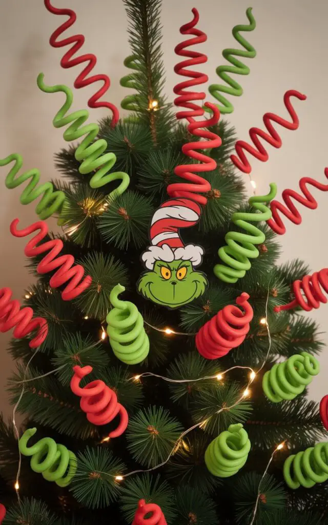 A whimsical Christmas tree adorned with spiraled red and bright green picks that curl outward like fantastical brushstrokes from a Dr. Seuss illustration. The decorative picks are thoughtfully arranged across the tree's branches, creating upward motion and playful symmetry while maintaining an elegant minimalist aesthetic through focused color choices and well-spaced placement. At the center of the tree, a mischievous Grinch face peeks out with its characteristic green fur and yellow eyes, serving as the tree's focal ornament. Delicate string lights cast a soft, warm glow that illuminates the curvy shapes of each spiral pick, creating magical silhouettes against the tree's dark green needles in this enchanting, animated holiday display.