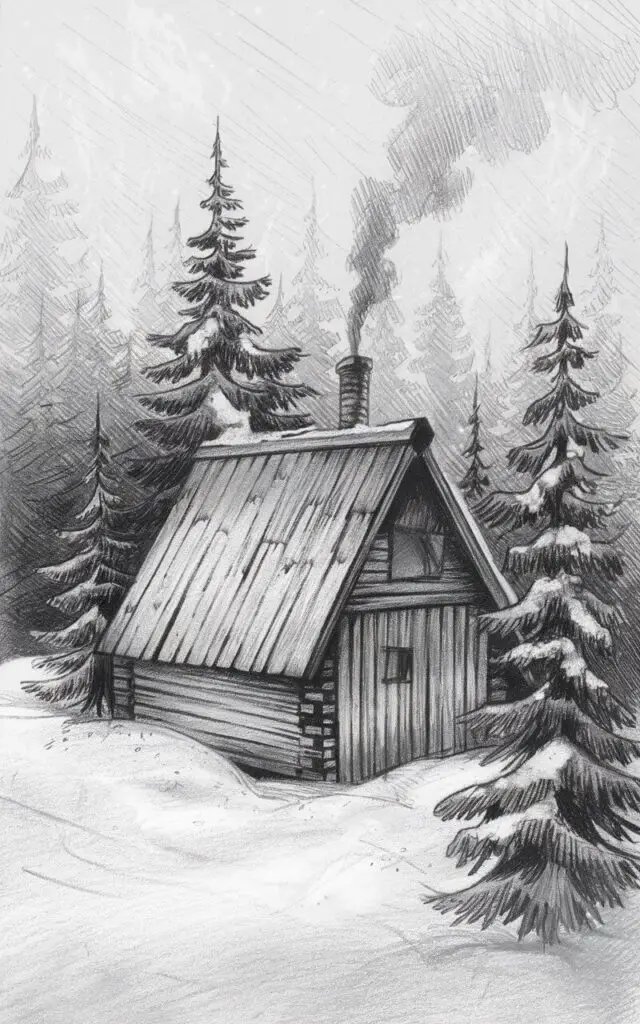 A pencil drawing of a secluded Christmas cabin nestled among snowy pines. The cabin has a slanted roof and wooden planks. There is smoke curling from the chimney. Snow is resting on the roof and trees. The background contains distant trees that fade into a light pencil haze. The composition feels still and serene, emphasizing quiet winter solitude.