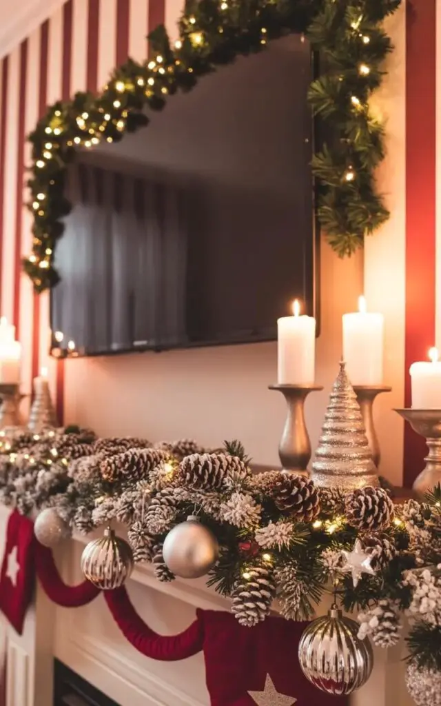 A black, oversized television is mounted on the wall above a decorated mantelpiece. The mantelpiece is draped with a garland of frosted pinecones and silver and white glass ornaments, lightly dusted with faux snow that reflects small twinkling bulbs. A garland of faux greenery extends along the top edge of the mantel, partially obscuring the wall behind it. A collection of silver-toned candle holders with white candles and a few scattered silver stars create a cohesive, cool-toned display.