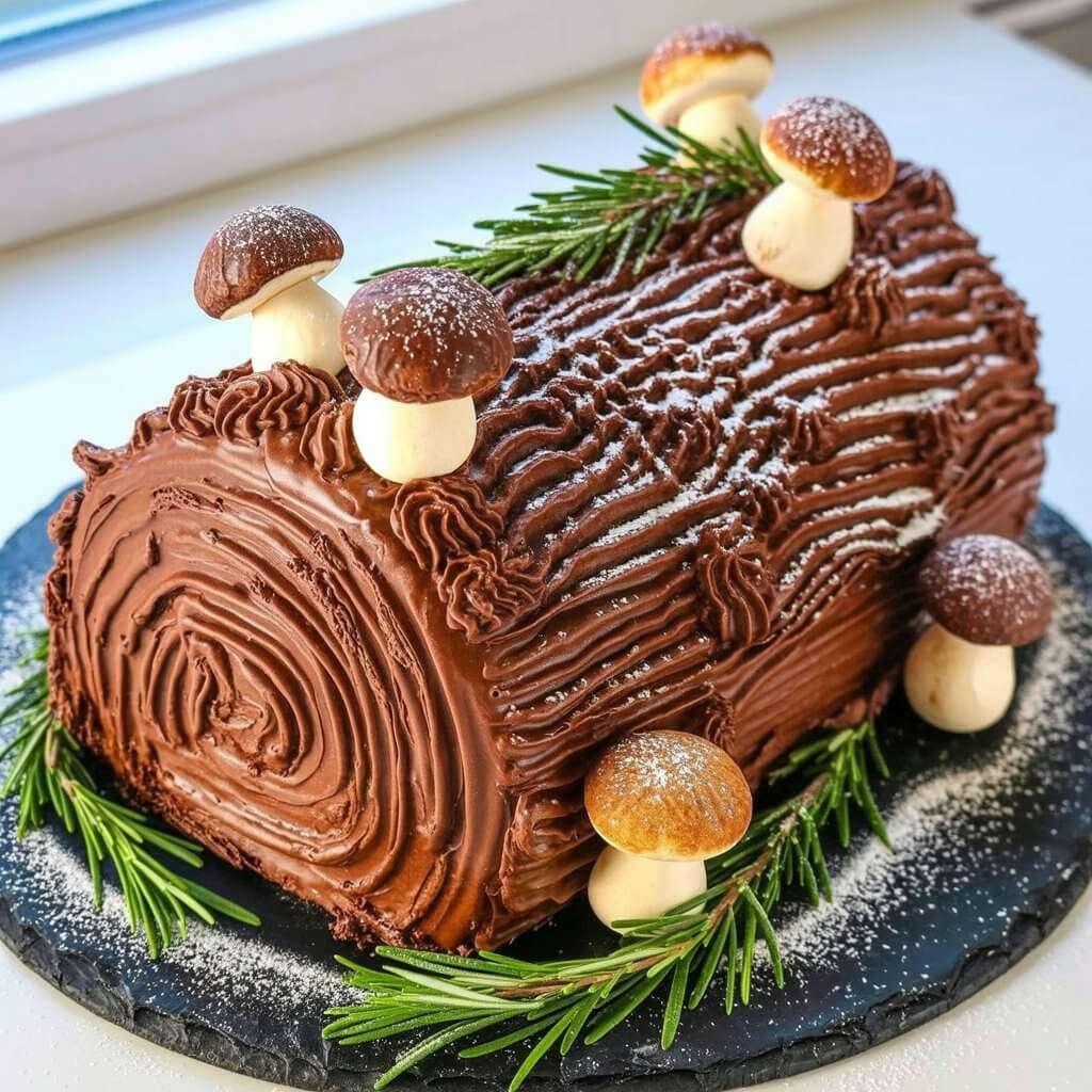 A chocolate Yule Log cake with a rolled sponge texture sits centered on a circular white ceramic cake stand. The cake’s exterior is covered in chocolate buttercream, sculpted to resemble tree bark with raised ridges and crevices, and dusted with powdered sugar mimicking freshly fallen snow. Small meringue mushrooms with brown caps and white stems are placed along the cake's length, while sprigs of fresh rosemary, resembling miniature pine branches, are tucked around the base of the cake stand. The countertop beneath is a bright, plain white surface, and a window to the left allows soft, diffused daylight to illuminate the scene, highlighting the rich chocolate tones and the woodland details.