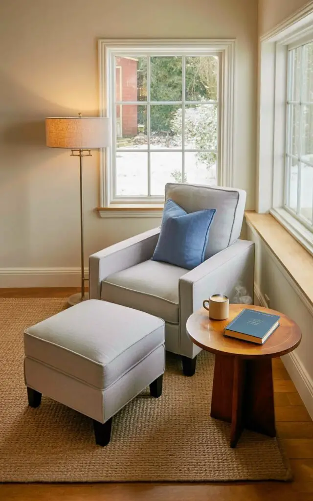 A plush accent chair with clean lines and light gray linen upholstery sits facing a window, accompanied by a matching ottoman positioned directly in front. A small, round wooden side table rests to the right of the chair, displaying a closed hardcover book with a dark blue cover and a ceramic mug filled with steaming coffee. A soft, beige area rug defines the space beneath the chair and ottoman, while a sleek, brushed metal floor lamp with a linen shade stands to the left, casting a warm glow. The reading nook is situated in a quiet corner of a room with pale cream-colored walls and a large window overlooking a snow-covered garden.