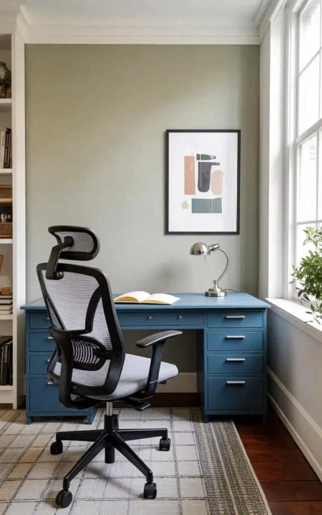 A modern office chair with a mesh back and adjustable armrests sits facing a blue desk with a clean, rectangular surface. The desk holds a small silver desk lamp and a closed notebook with a black cover, positioned slightly to the left of center. The wall behind the desk is painted a soft sage green, extending from floor to ceiling with a single framed print of abstract geometric shapes hanging on the upper right quadrant. Natural light streams in from a window to the right of the frame, illuminating the room and casting a gentle glow across the desk and chair.