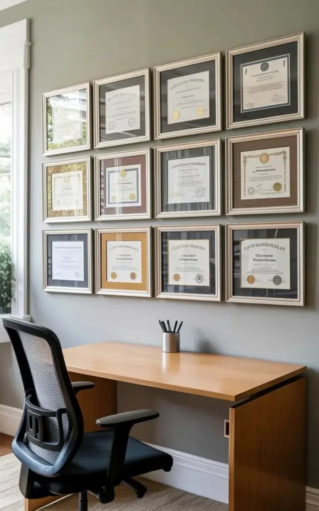 A wall-mounted display of twelve identical silver frames showcases various certificates and printed milestones arranged in a symmetrical grid pattern. Each frame contains a different document, with some displaying graduation diplomas and others featuring awards with ribbons and embossed seals. Below the framed display sits a rectangular light wood desk with clean lines and a single pen holder holding three black ballpoint pens. An ergonomic black mesh office chair with adjustable armrests is positioned in front of the desk, facing the wall display. Soft natural light filters through a nearby window, illuminating the scene and casting subtle shadows across the wall and desk.