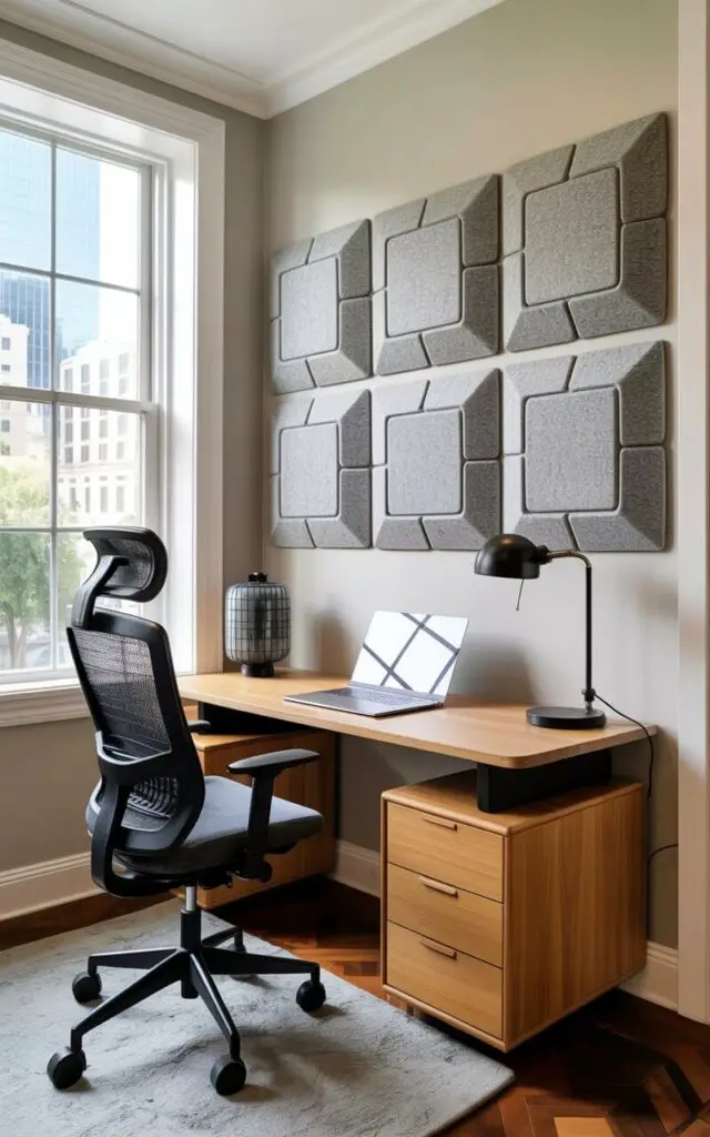 A modern home office features a wall section covered in geometric patterned acoustic panels made of gray felt. The panels are arranged in a repeating pattern of squares and rectangles above a light wood desk with a silver laptop and a black desk lamp. A black mesh office chair with adjustable armrests sits on a gray area rug in front of the desk. Natural light filters in from a large window showing a cityscape with tall glass buildings and a clear blue sky.