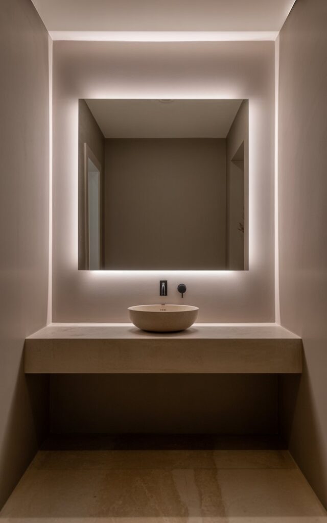 A photograph of a minimalist luxury bathroom featuring a wide rectangular mirror with soft LED backlighting that creates an elegant floating effect against smooth taupe walls. The gentle glow reflects beautifully off the serene surfaces, establishing a spa-like atmosphere throughout the space. Below the mirror, a sleek floating concrete vanity supports a single modern vessel sink with sophisticated black matte fixtures, while the intentionally bare countertop emphasizes the clean minimalist aesthetic. The diffused backlighting provides even, glare-free illumination that casts a luxurious ambient glow onto the stone flooring, creating a modern and meticulously designed sanctuary where lighting serves as both functional necessity and artistic element.