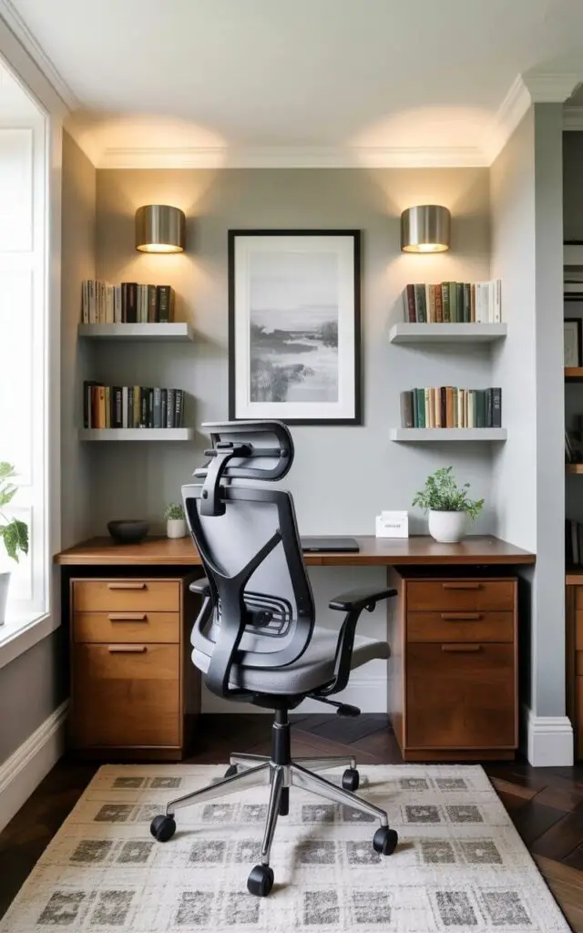 A modern ergonomic office chair in gray fabric sits centered in front of a rectangular wooden desk. Identical floating shelves with three books each are mounted on the wall on either side of the desk, and matching wall sconces with brushed metal finishes are placed above the shelves. A framed print depicting a grayscale landscape hangs directly above the desk, centered between the sconces. The room has light gray walls, a dark wood floor, and a large window allowing diffused natural light to illuminate the space.