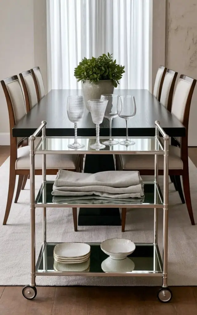 A polished silver bar cart with a mirrored base and three glass shelves stands in the corner of a formal dining room. The cart holds a collection of stemmed wine glasses, folded linen napkins in a light gray color, and a stack of small porcelain appetizer plates. A rectangular dining table with a matte black finish sits at the room’s center, encircled by six dining chairs with tapered wooden legs and upholstered seats in a cream-colored fabric. Natural light streams through tall windows covered with sheer white curtains, illuminating the polished surfaces and highlighting the clean lines of the furniture within the room.