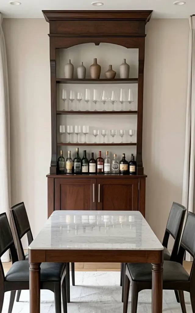 A tall, dark mahogany bar hutch stands against a cream-colored wall, featuring multiple glass-fronted shelves and two cabinet doors with brushed silver handles. The upper shelves display a collection of stemmed wine glasses and short tumblers, alongside a row of decorative ceramic bottles, while the lower cabinets conceal a selection of liquor bottles behind the doors. A rectangular dining table with a polished marble top and four dark gray upholstered dining chairs sit nearby, arranged symmetrically facing the bar hutch. Soft, warm light emanates from recessed ceiling fixtures, highlighting the wood grain of the hutch and the sheen of the marble tabletop within the spacious dining room.