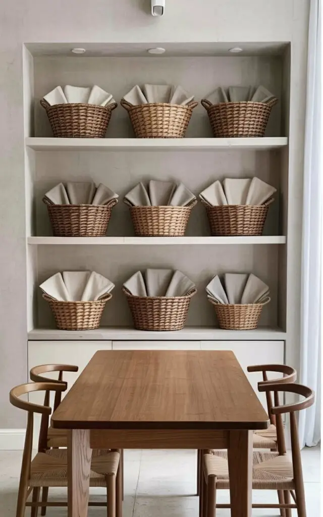 A set of three open shelves made from light-colored wood displays a collection of woven baskets in varying sizes and natural fiber colors. Each basket is filled with neatly folded linen napkins and placemats, arranged to create a visually balanced display. The shelves are positioned against a wall painted in a soft, warm gray, with a single recessed light fixture above the shelving unit. In front of the shelves stands a rectangular dining table made from the same light-colored wood, surrounded by four simple chairs with woven seat backs, and a large window allows soft daylight to illuminate the room.