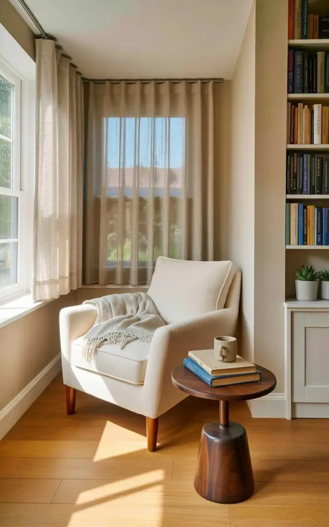 A plush, cream-colored armchair sits angled towards a window, draped with a folded light gray throw blanket. A small, round side table made of dark walnut wood rests beside the chair, holding a stack of three books with visible page edges and a simple ceramic mug. Sunlight streams through sheer linen curtains, casting soft shadows across a pale hardwood floor. The corner is defined by walls painted a muted beige and a tall bookshelf filled with neatly arranged books and a few potted succulents.