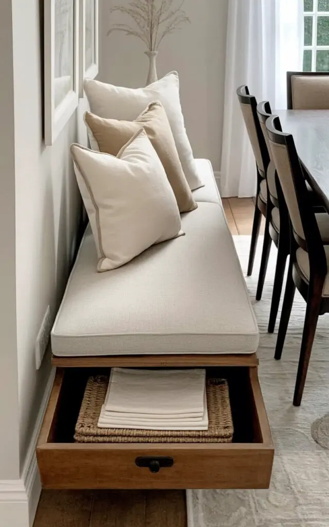 A cushioned storage bench with light gray fabric lines one wall of a dining room, featuring three rectangular throw pillows in shades of cream and pale beige arranged across its surface. The bench’s lid is slightly ajar, revealing neatly stacked linen napkins and woven placemats tucked inside. A dark wood dining table stands nearby, accompanied by six dining chairs upholstered in a complementary neutral linen fabric. Large windows with sheer white curtains allow soft natural light to fill the room, highlighting the pale gray walls and the hardwood flooring.