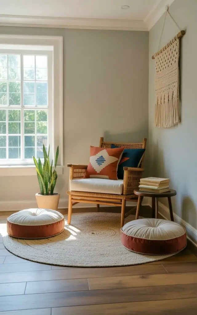 A circular arrangement of floor cushions in cream and terracotta tones defines a relaxed reading nook. A woven rattan chair sits in the center, adorned with patterned pillows featuring geometric designs in shades of ochre and indigo. A macrame wall hanging with tassels hangs on the adjacent wall, while a small wooden side table holds a stack of books with linen covers. Soft sunlight streams through a nearby window, illuminating the natural textures of the space and a potted snake plant placed in the corner.
