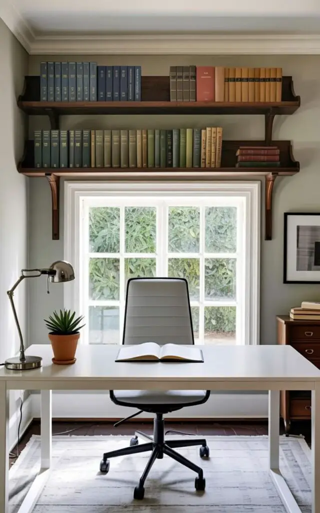 A clean white office table sits centered within the frame, featuring a small potted succulent in a terracotta pot and a silver desk lamp with a circular lampshade. Above the table, neatly arranged wall-mounted wooden book racks display a collection of hardcover books in varying sizes and colors – deep blues, forest greens, and warm tans – with intentional spacing between them. An ergonomic office chair upholstered in light gray fabric is positioned behind the table, facing the viewer. The entire room is bathed in soft, diffused natural light filtering through a large window showcasing a view of a lush green garden outside.