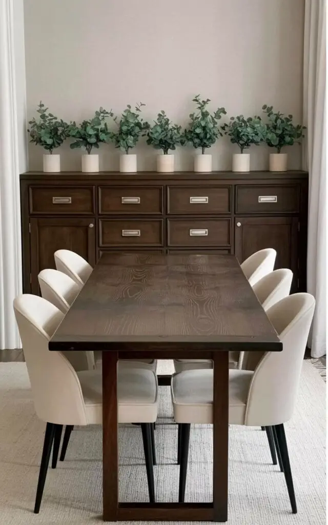 A dark brown buffet table with six drawers and two cabinet doors sits flush against a pale grey wall in a well-appointed dining room. The drawers feature recessed silver bar handles, while the cabinet doors have simple circular pulls. A row of small potted eucalyptus plants with rounded green leaves and silvery undersides decorates the tabletop. A rectangular dining table with a visible natural wood grain pattern stands in the center of the room, surrounded by six cream-colored dining chairs with slender black legs and gently curved backs.