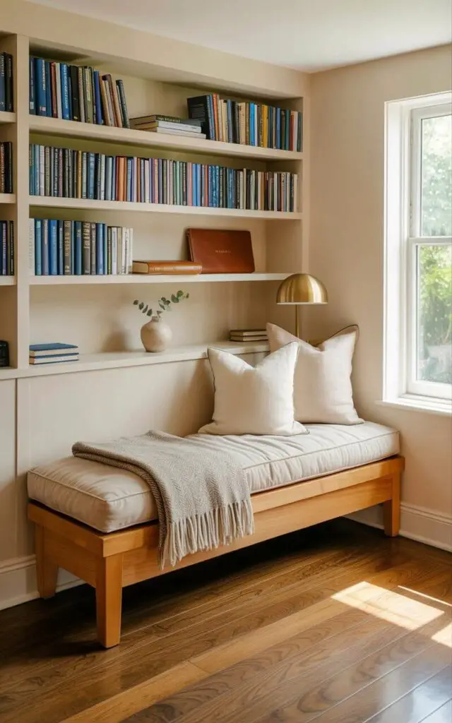 A cushioned bench sits nestled between floor-to-ceiling built-in bookshelves, layered with three pillows in varying shades of cream and a folded wool throw in a heathered gray. Books are arranged neatly on the shelves, with occasional accents like a small ceramic vase holding a single sprig of eucalyptus and a stack of leather-bound journals. Soft, diffused light emanates from a brass reading lamp positioned on a small side table next to the bench. The room features light beige walls and a dark walnut hardwood floor, creating a quiet, library-inspired reading nook.