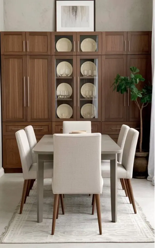 A wall of custom built-in cabinetry stretches across the background, composed of alternating sections of flat-panel cabinets with brushed nickel handles and glass-fronted cupboards displaying a collection of cream-colored plates and matching glassware. A rectangular dining table with a matte gray finish sits centered in the foreground, surrounded by six upholstered dining chairs with light beige fabric and tapered wooden legs. Recessed lighting illuminates the vertical grain of the dark walnut cabinetry, while a large rectangular rug with a subtle geometric pattern lies beneath the table, anchoring the seating arrangement. The room features pale gray walls and minimal decorative elements, with a single framed abstract print hanging above the cabinet wall and a potted ficus tree positioned in the corner.