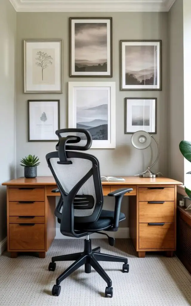 A simple ergonomic office chair with a mesh back and black fabric seat sits centered in front of a light wood desk. Above the desk, five framed prints are evenly spaced on a pale gray wall: one features a single black line drawing of a tree, while the others depict subtle, muted landscapes with rolling hills and distant trees. A small potted succulent sits on the corner of the desk alongside a sleek silver desk lamp with a circular shade. The room has light beige carpeting and a large window in the background shows a cloudy sky.