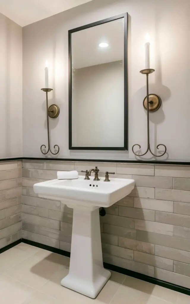 Two antique brass candle-style wall sconces are mounted on either side of a tall rectangular mirror. The sconces feature elongated arms with rounded candle holders and cast a warm glow onto the surrounding surfaces. Below the mirror, a white pedestal sink sits centered with a chrome faucet and a folded white hand towel neatly placed on the counter. The bathroom walls are textured with a light beige stucco finish, and a large window with sheer linen curtains allows soft natural light to enter the room.