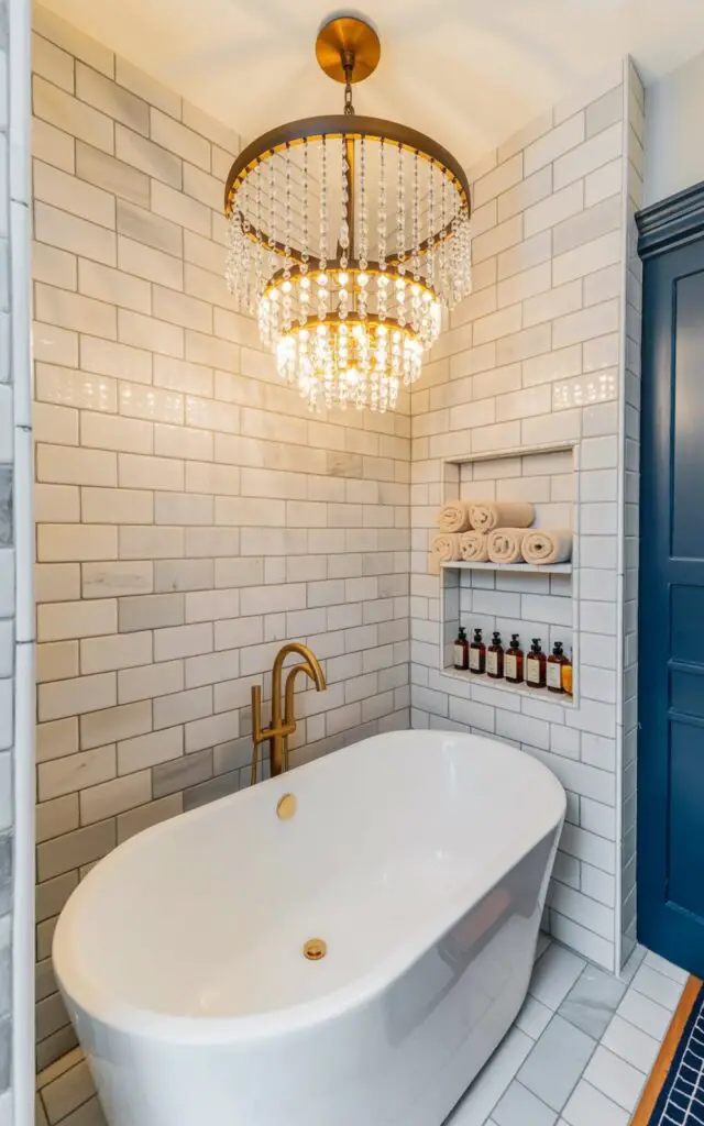 A crystal chandelier with cascading tiers of delicate glass pendants hangs centered above a deep, oval-shaped freestanding bathtub. The chandelier’s frame is brushed gold and features twelve spherical, dimmable bulbs casting a warm glow across the surrounding white marble tile walls and floor. Rolled, ivory-colored towels and a collection of amber-colored bath oils are neatly arranged within a recessed niche in the wall to the right of the tub. The bathroom’s walls extend to a high ceiling, reflecting the soft light and creating a serene, uncluttered atmosphere with subtle sparkles on the polished surfaces.