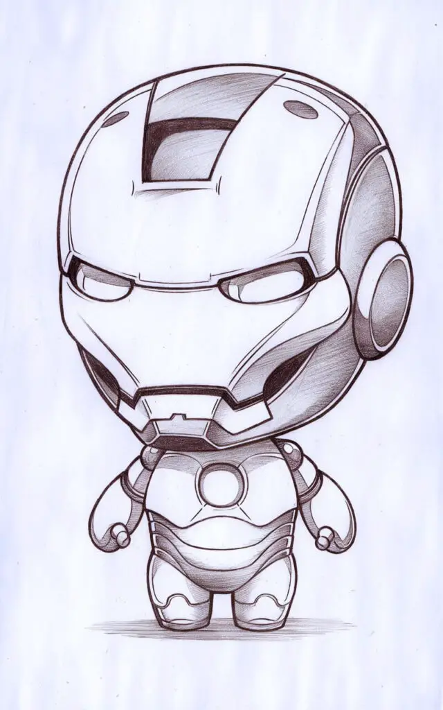 A charming, plain white background pencil drawing illustration of Iron Man in a chibi form with an oversized helmet and compact body proportions. The helmet dominates the composition, rounded and simplified, with large eye shapes that convey a friendly, playful personality. The torso and limbs are short and softly shaped, with minimal armor lines to keep the design clean. Light pencil shading adds gentle depth to the arc reactor and joints. Everything is drawn in a simplistic style, creating a cute, approachable, and visually balanced character.