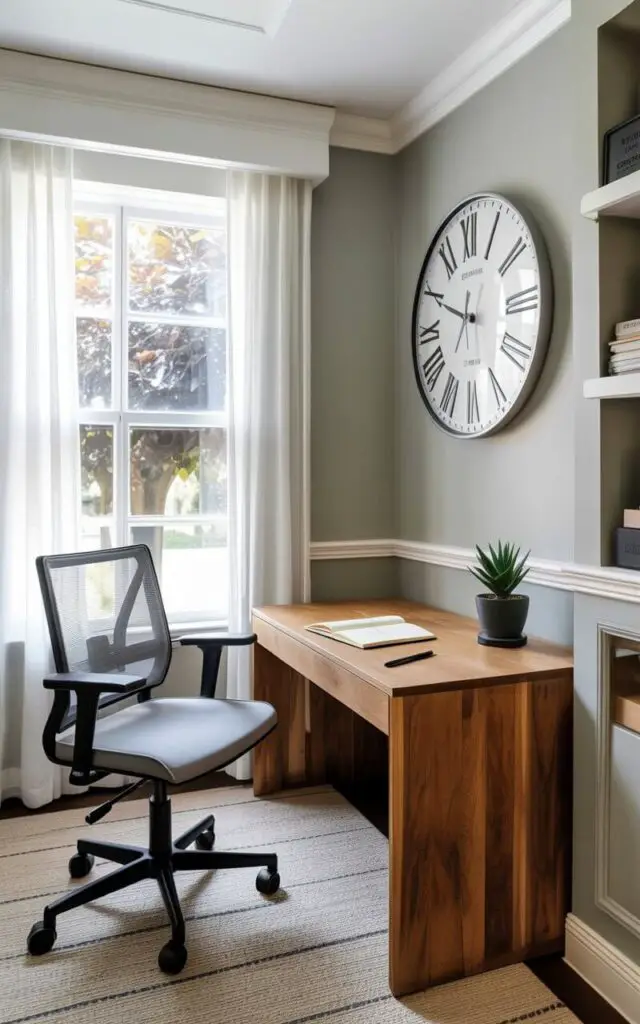 A modern office chair with a light gray mesh back and black armrests sits facing a rectangular wooden desk with a natural finish. Above the desk, a circular wall clock with a silver frame and white face displaying Roman numerals is mounted on a pale gray painted wall. A small potted succulent sits in the corner of the desk, alongside a closed notebook and a simple black pen. The room is illuminated by soft light filtering through sheer white curtains covering a large window, revealing a blurred view of leafy trees outside.