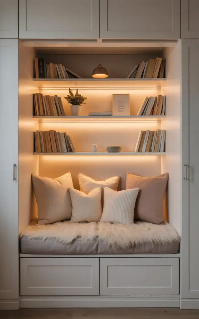 A cozy reading nook converted from a closet with the doors removed, featuring a custom-built bench topped with plush cream and soft gray cushions. Built-in white shelves line both sides of the alcove, thoughtfully arranged with books, a small potted plant, and minimalist decorative objects. The compact space is illuminated by warm LED strip lighting hidden beneath the shelves and a small pendant light overhead, creating an inviting glow against the neutral beige and white color palette. The overall design feels intimate and serene, transforming the small alcove into a perfect retreat for reading.